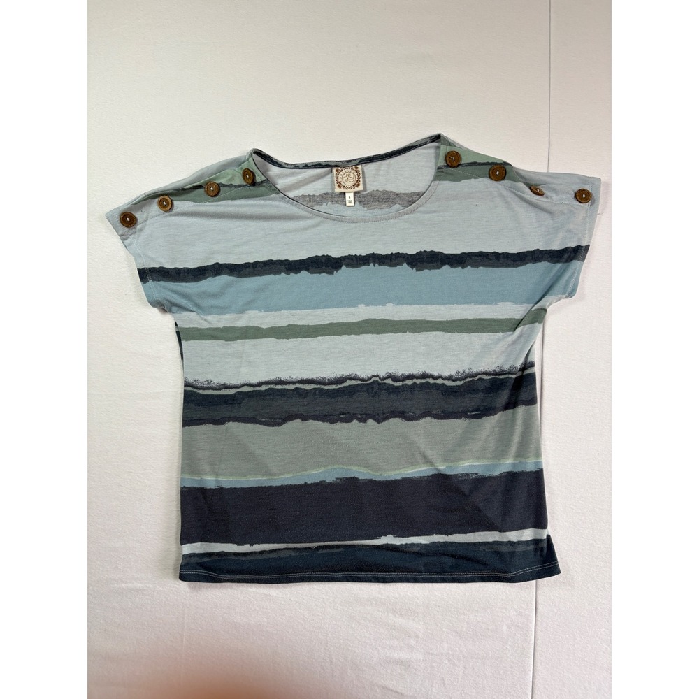 TruSelf Womens Blue Gray Striped Short Sleeve Button Shoulder Top Size S